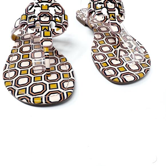 TORY BURCH Yellow Pink Geometric Print Patent Leather Miller Sandals Size 8 - Picture 2 of 10